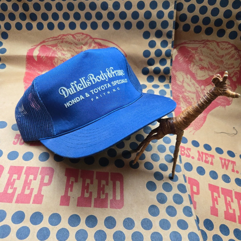 VTG Yupoong Duffells Body Frame Hat Blue Mens OSFA Honda Toyota Trucker Snapback